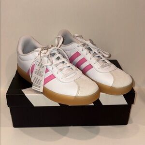 Adidas Women's White and Pink Court Sneakers